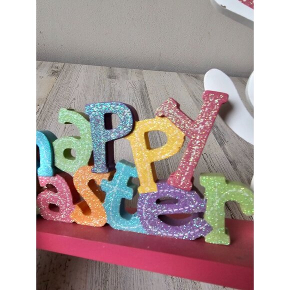 Happy Easter Bunny rabbit sign decor glitter sparkle pastel - Picture 3 of 9
